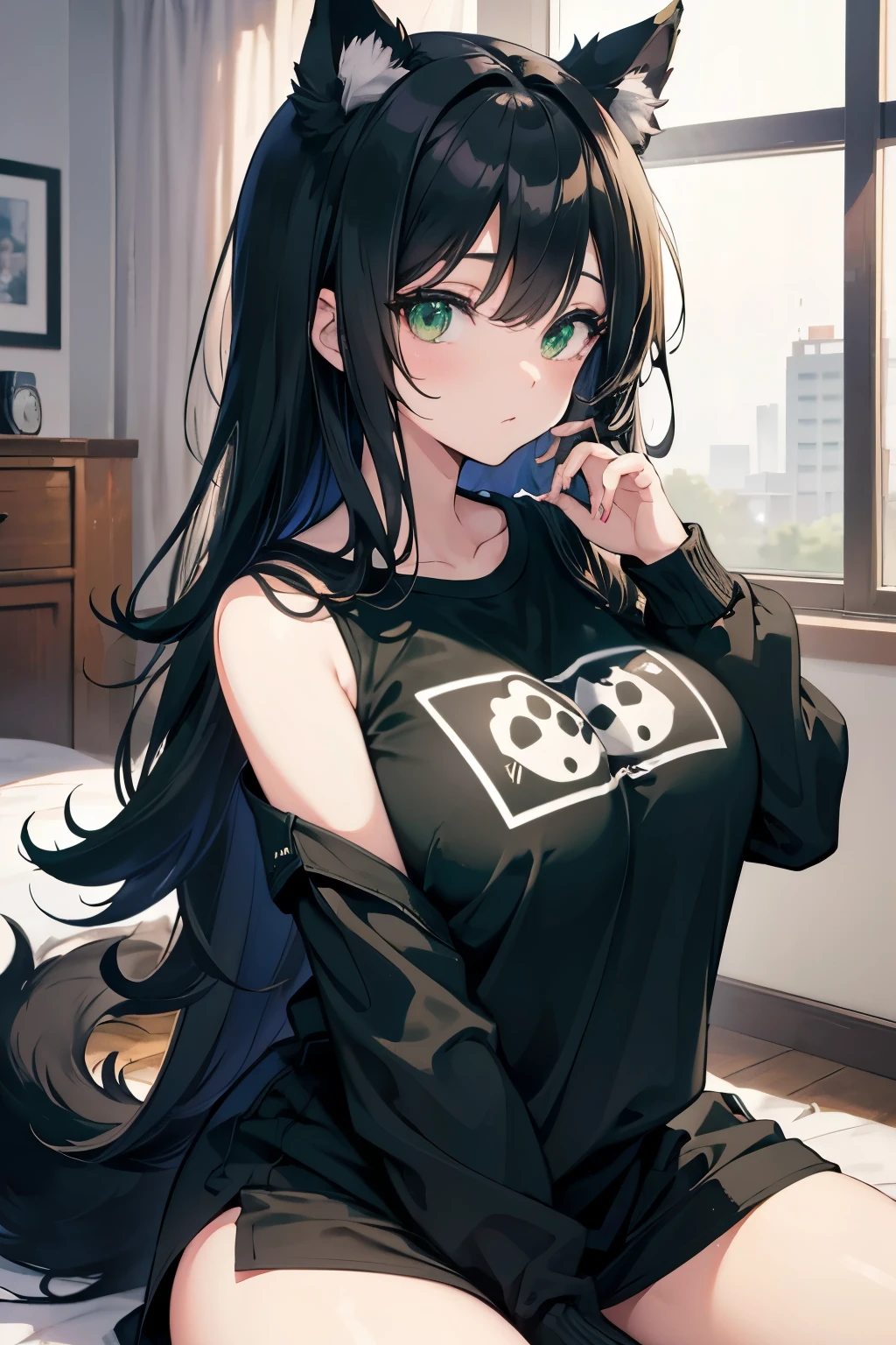 high quality, no errors, anime style, solo, dog girl, dog tail, dog ears, black fur, long black hair, messy hair, green eyes, cute look, casual outfit, only in panties, in a room seating, huge breasts, big fat ass, thick thighs