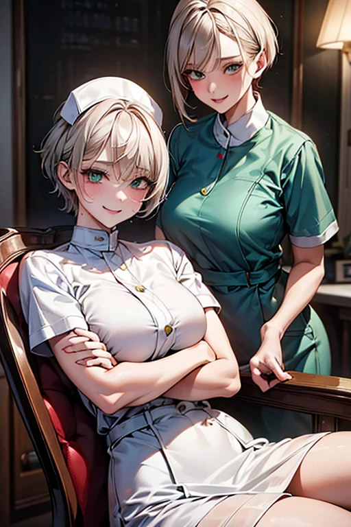 (sexy:1.3),1 beautiful woman,1 cute girl,white nurse's outfit,folding one's arms,spread legs,sitting in a chair,drooping eyes,smiling,short hair,dimgray hair,springgreen eyes,from front,indoors,hospital,masterpiece, extremely fine and beautiful
