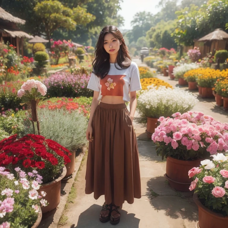 Close-up photo, Southeast Asian women with round faces, long hair,black eyes,abdominal muscles, The body is beautiful and strong., thick hips, Outdoors in the countryside, old shabby thatched hut, There are flowers around the hut., Warm light, The morning sun shines beautifully., (digital painting, HDR, high contrast), 3d, 8K, 45,000,000 pixcls,