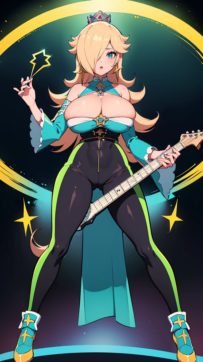 (best quality). (Ultra Detalhado). (1girl), Olhando para o Viewer. (Antecedentes detalhados). belos olhos detalhados. rosto delicado e bonito. (high saturation), seios grandes, droopy breasts, (((sexy rockstar outfit))), (((long legs))), (((gigantic breasts))), (((playing the electric guitar))),