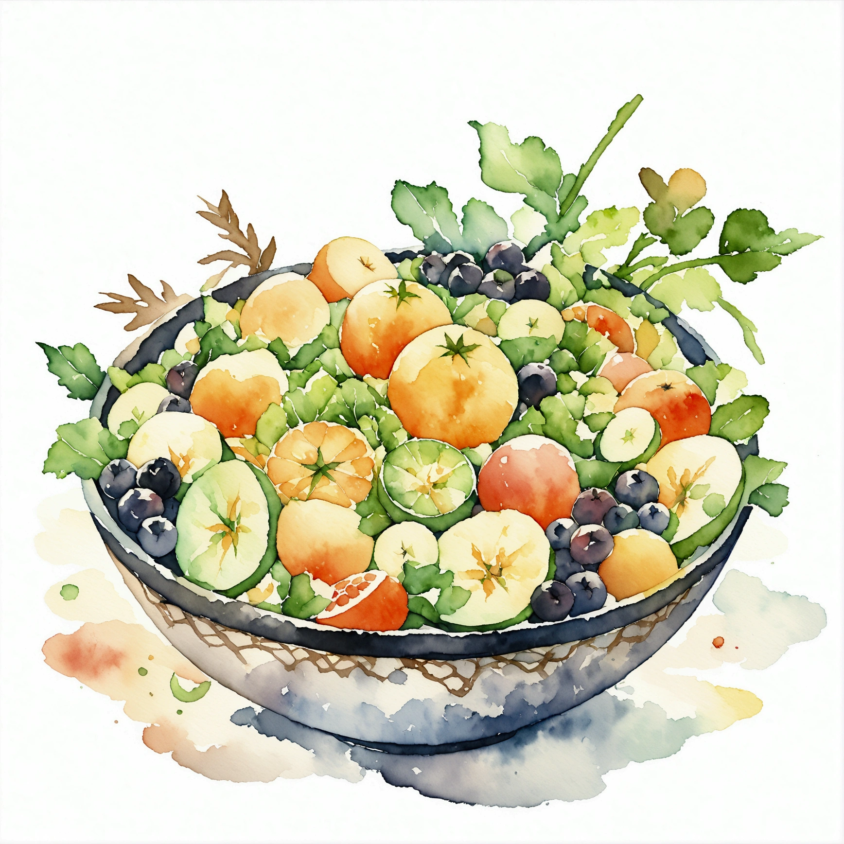 a very clean image painting of a black bowl of many delicious creamy fruits salad ((watercolor)), solid white background, center composition, negative space around the object, washed out color, detailed masterpiece, loose drawing, clipart, vector art, illustration