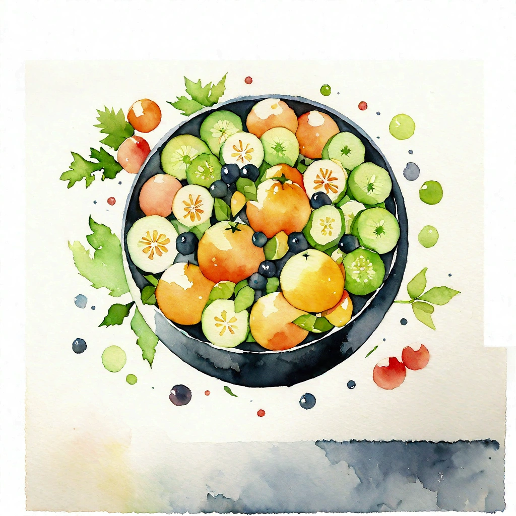 a very clean image painting of a black bowl of many delicious creamy fruits salad ((watercolor)), solid white background, center composition, negative space around the object, washed out color, detailed masterpiece, loose drawing, clipart, vector art, illustration