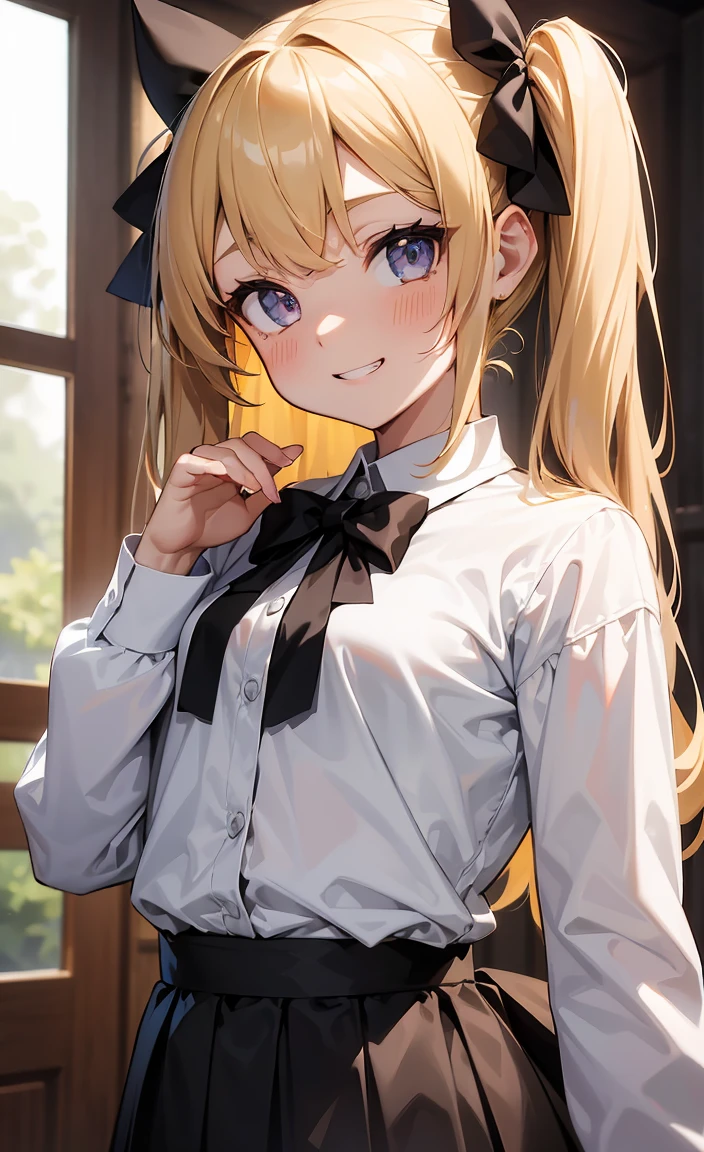 One girl,
(Flat Chest:1.3)
Blonde, {{{Half Twin Tail:1.3}}}、break,blush, bow, 赤いbow, Long sleeve, shirt, 襟付きのshirt, skirt, プリーツskirt, 黒いskirt, Small breasts,
{{{Face close-up}}},Upper Body,
Look down,View your viewers,
Tabletop, Highest quality, , Absurd, Perfect Skin, Detailed skin texture, Ultra-detailed, 8K, Intricate details, Beautifully detailed face,High resolution,
 {{{Shadowed face}}}, mock, {{{Grit your teeth:1.2}}}, Grin, smile, Looking down at the viewer, masterpiece,Absurd, Beautiful detailed face when viewed from the front,