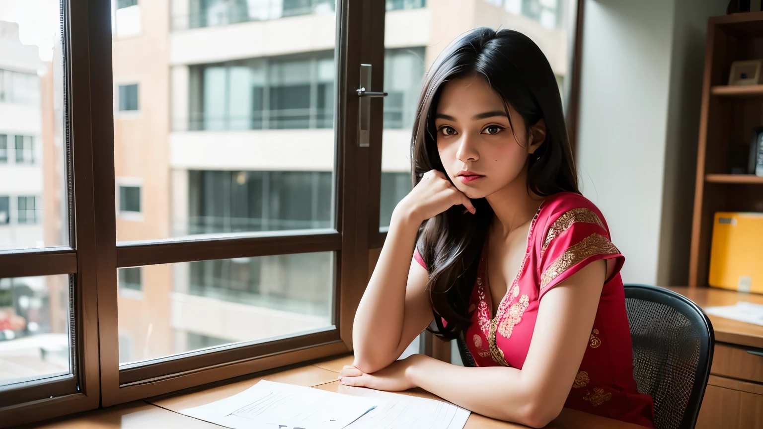 ((best quality)), ((masterpiece)), (detailed), An illustration of an young Indian woman sitting at a desk in an office, looking worried and deep in thought.