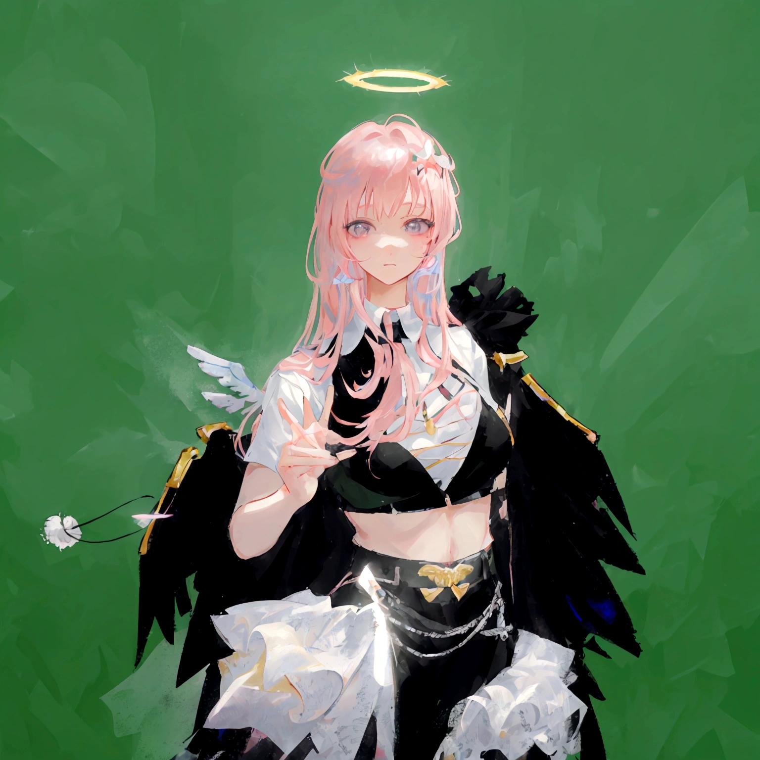 there is a woman with pink hair and angel wings posing, wearing angel halo, young wan angel, full - body majestic angel, wearing angel, villainess has black angel wings, angelic halo, angel halo, angel knight girl, as a mystical valkyrie, of an beautiful angel girl, kda, epic angel wings, npc with a saint's halo, angel knight gothic girl