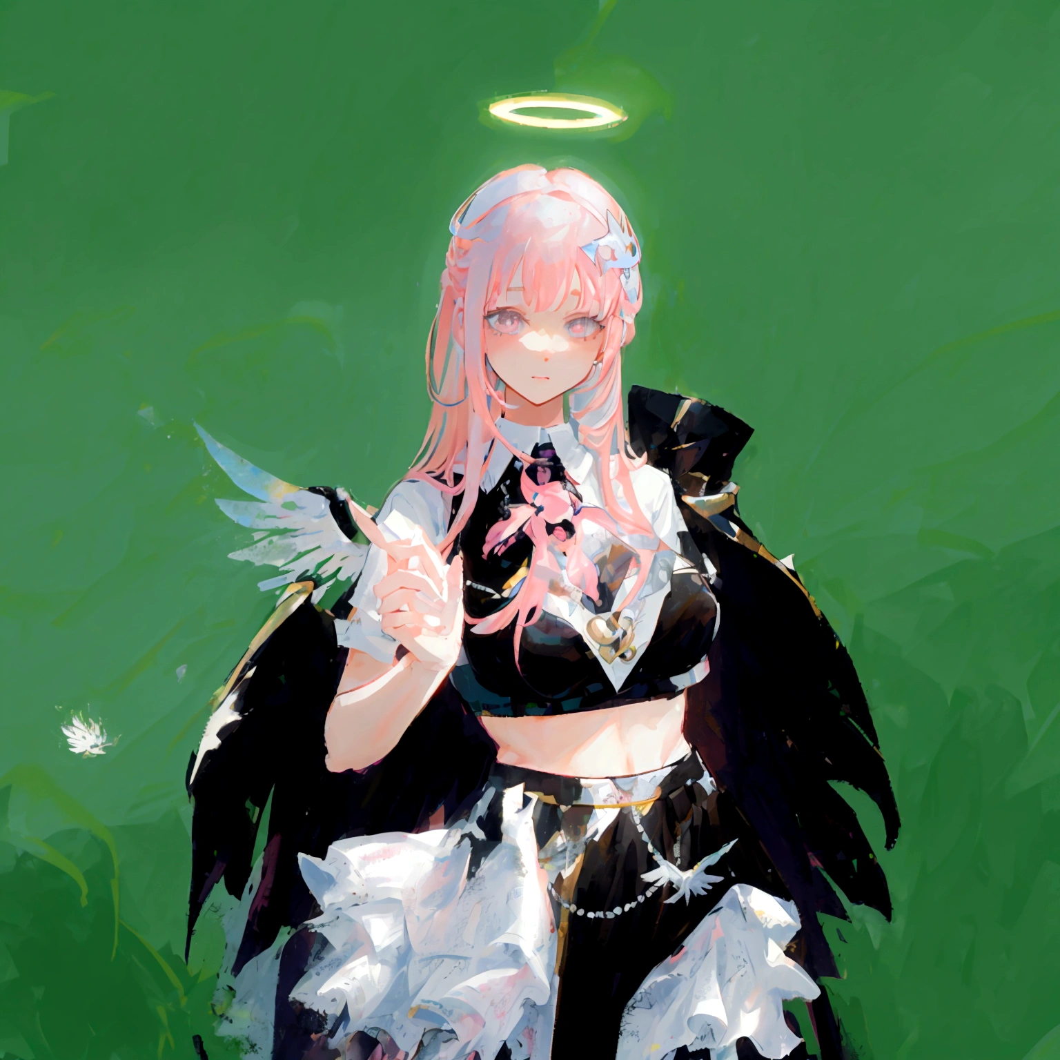 there is a woman with pink hair and angel wings posing, wearing angel halo, young wan angel, full - body majestic angel, wearing angel, villainess has black angel wings, angelic halo, angel halo, angel knight girl, as a mystical valkyrie, of an beautiful angel girl, kda, epic angel wings, npc with a saint's halo, angel knight gothic girl
