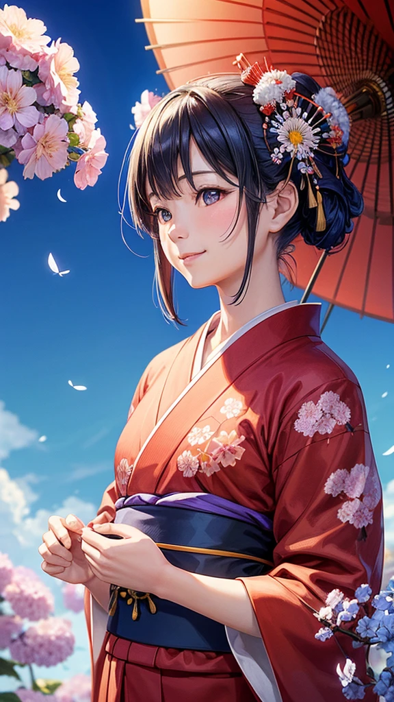 Japanese kimono Girl,Red yukata,smile,blue sky,Background daisy Apparition blue sky,Best Quality, Masterpiece, Ultra High Resolution, (Realisticity: 1.4), Original Photo, Cinematic Lighting,butterflyBackground,A kimono with a hydrangea pattern,blue sky,The chest is small,Elegant,