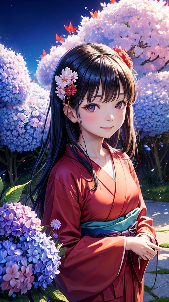 Japanese kimono Girl,Red yukata,smile,blue sky,Background daisy Apparition blue sky,Best Quality, Masterpiece, Ultra High Resolution, (Realisticity: 1.4), Original Photo, Cinematic Lighting,butterflyBackground,A kimono with a hydrangea pattern,blue sky,The chest is small,Elegant,