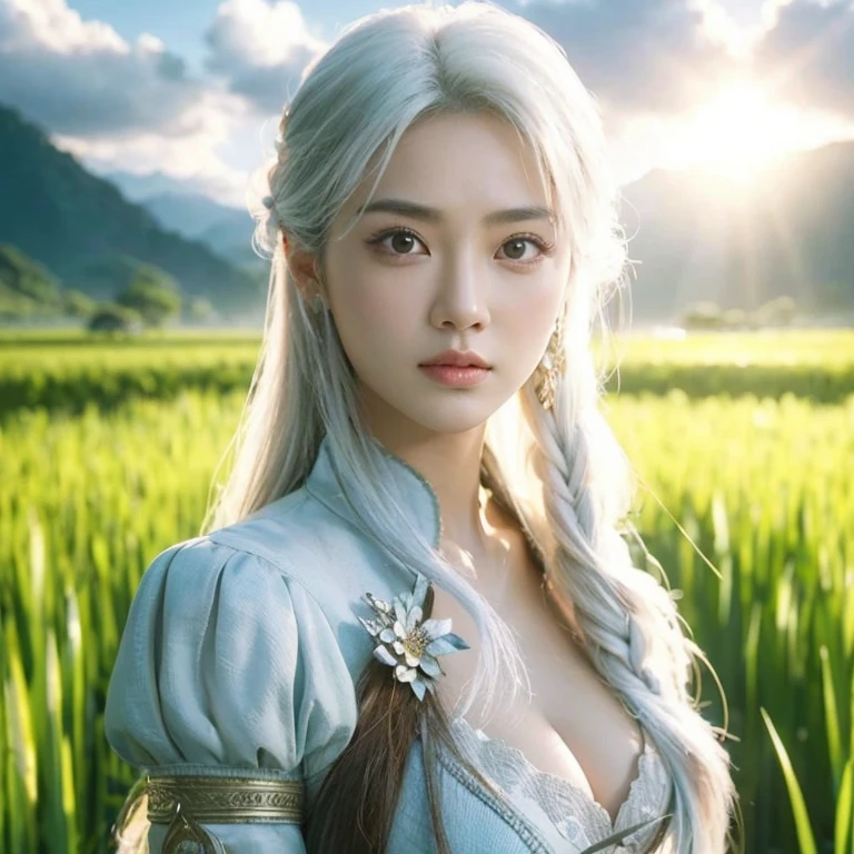 Close-up photo, Southeast Asian women with round faces, long hair,black eyes,abdominal muscles, The body is beautiful and strong., thick hips, Outdoors in the countryside, old shabby thatched hut, There are flowers around the hut., Warm light, The morning sun shines beautifully., (digital painting, HDR, high contrast), 3d, 8K, 45,000,000 pixcls,