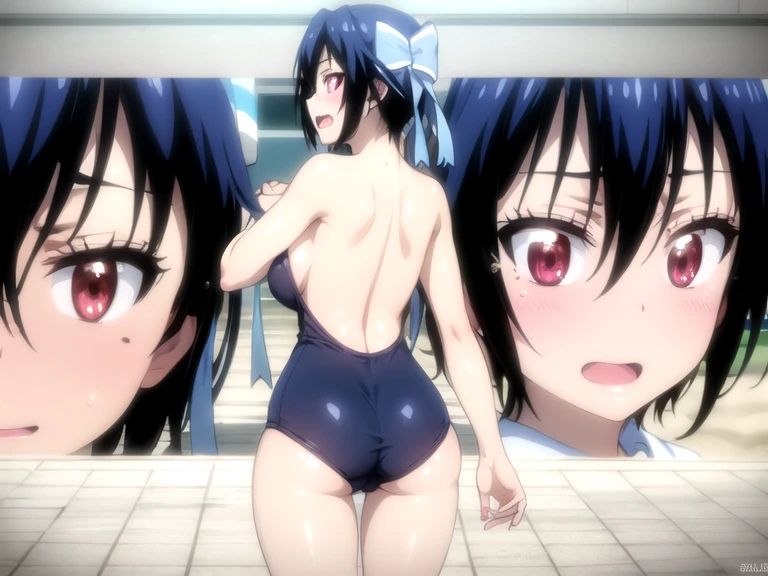 (masterpiece:1.2), best quality, high resolution, unity 8k wallpaper, (illustration:0.8), (beautiful detailed eyes:1.6), extremely detailed face, perfect lighting, extremely detailed CG, (seishirou tsugumi, red eyes, black hair, short hair, hair ribbon, short stature, moistened-eyes, big breast, solo,), all fours, school swimsuit, cameltoe, nipple, vagina, gleaming skin, moist skin, embarrassed, open mouth, noon, in the beach, from behind, back view, looking at viewer, happy smile,