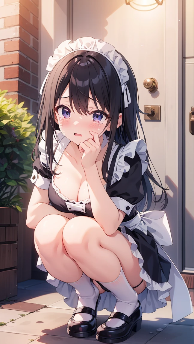 (Highest quality), (masterpiece), 1080P, High resolution, 4K, 8K, Maid clothes, Heart hole in chest, Cleavage, black panties, cry, They hesitate, run away, Are crying, socks, bag, Long black hair, squat, Apartment, At the door, Outdoor, night