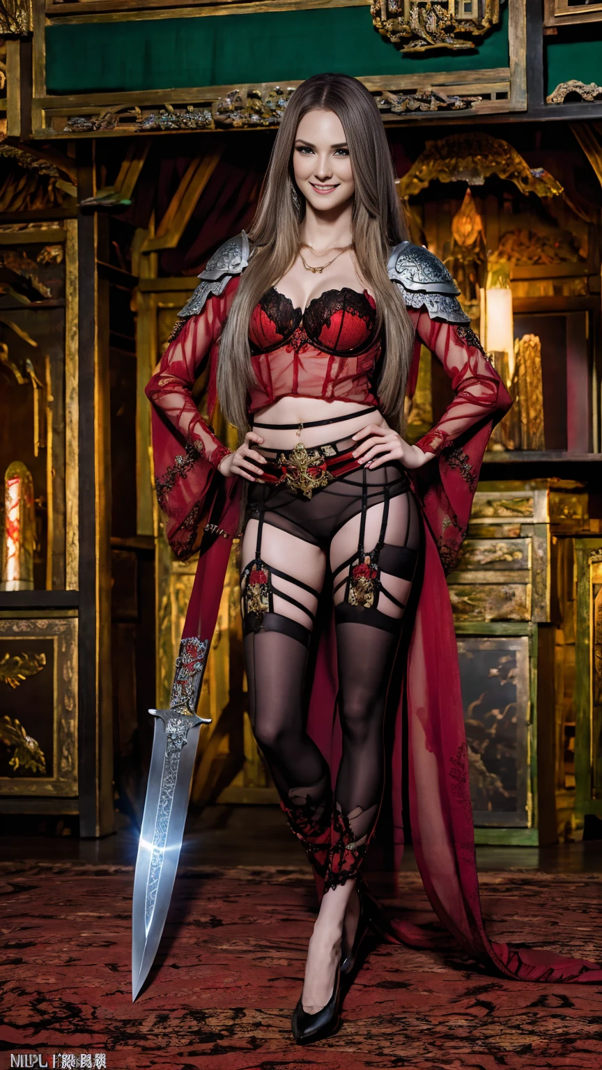 ((Full-length photo, standing, feet on the ground)) 8K、Chest armor with a red and black flame motif,An enchanting succubus wearing luxurious red armor.、A long pants with a luxurious red and black flame motif,A Arafed woman poses for a photo with a sword and armor、Beautiful wavy silver hair、Large full breasts、Chest armor with flame motif (red and silver)2。5 d cgi anime fantasy art、Fan Art Best ArtStation、Detailed Digital Anime Art、detailed fantasy art、8k fantasy art、digital fantasy art)、wlop rossdraws、artstation chengwei bread、girl in armor、epic fantasy art style、a beautiful succubus、Charming、Beautiful fangs、looking at the spectators、one captivating look、a smile、
