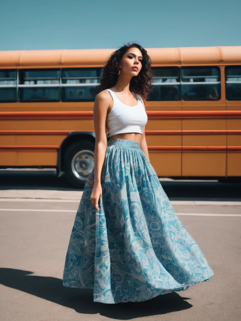 A woman standing in a bus queue. Beautiful woman, a mixed race latina model with a stunning figure. Trendy stylish woman. Wearing a long loose skirt, made from retro material inspired by old tablecloths 