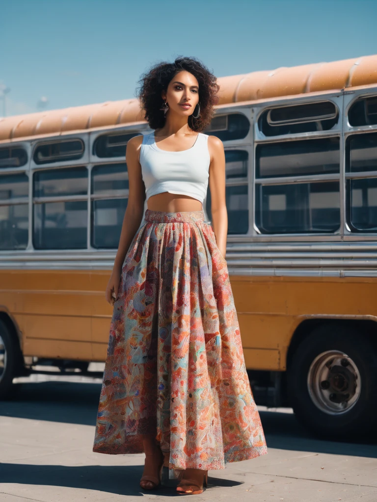 A woman standing in a bus queue. Beautiful woman, a mixed race latina model with a stunning figure. Trendy stylish woman. Wearing a long loose skirt, made from retro material inspired by old tablecloths 