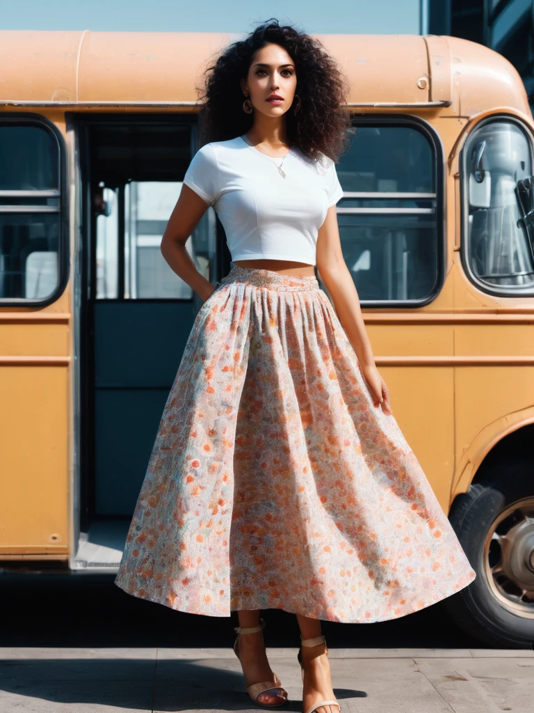 A woman standing in a bus queue. Beautiful woman, a mixed race latina model with a stunning figure. Trendy stylish woman. Wearing a long loose skirt, made from retro material inspired by old tablecloths 