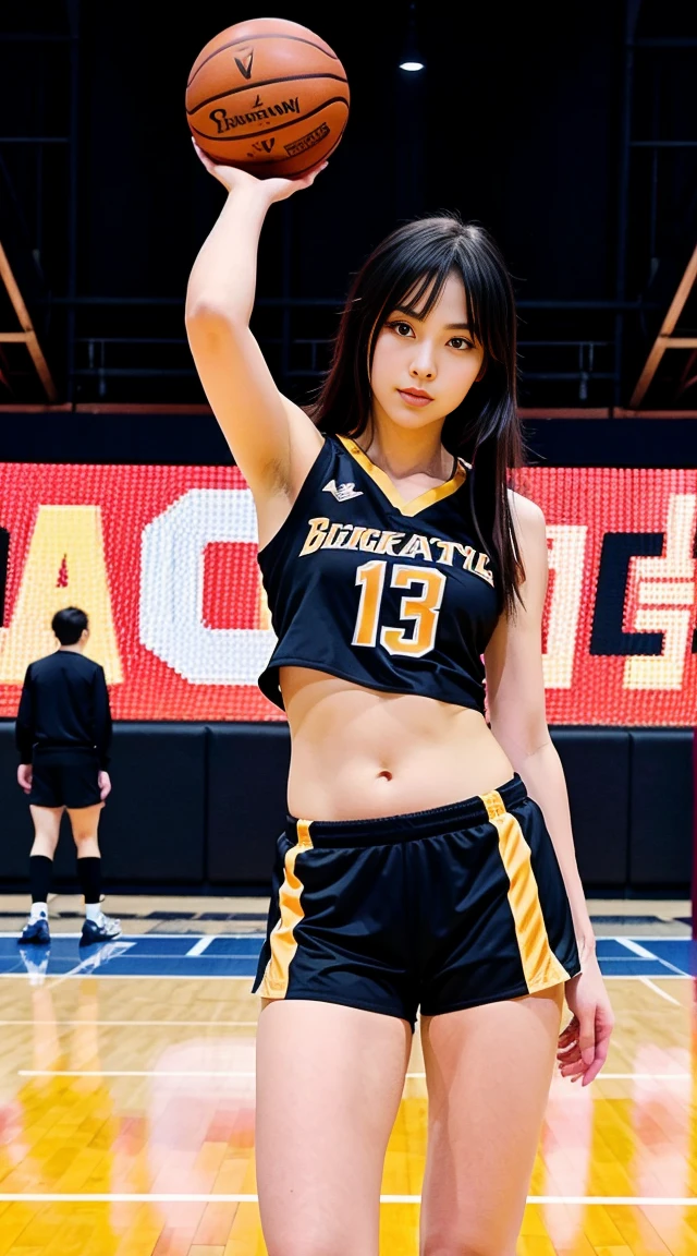 Anime-Girl mit Pferdeschwanz hält einen Basketball vor einem Basketballkorb, by Yang J, artwork in the style of Guweiz, Digitale Anime-Illustration, Trends on cgstation, Inspired by Zou Yigui, detailed digital anime art, Inspired by Yao Tingmei, Guweiz, marin kitagawa fanart, High-quality fan art, wearing a basketball jersey, Girl=schwarze Magier Girl von Yu-Gi-Oh