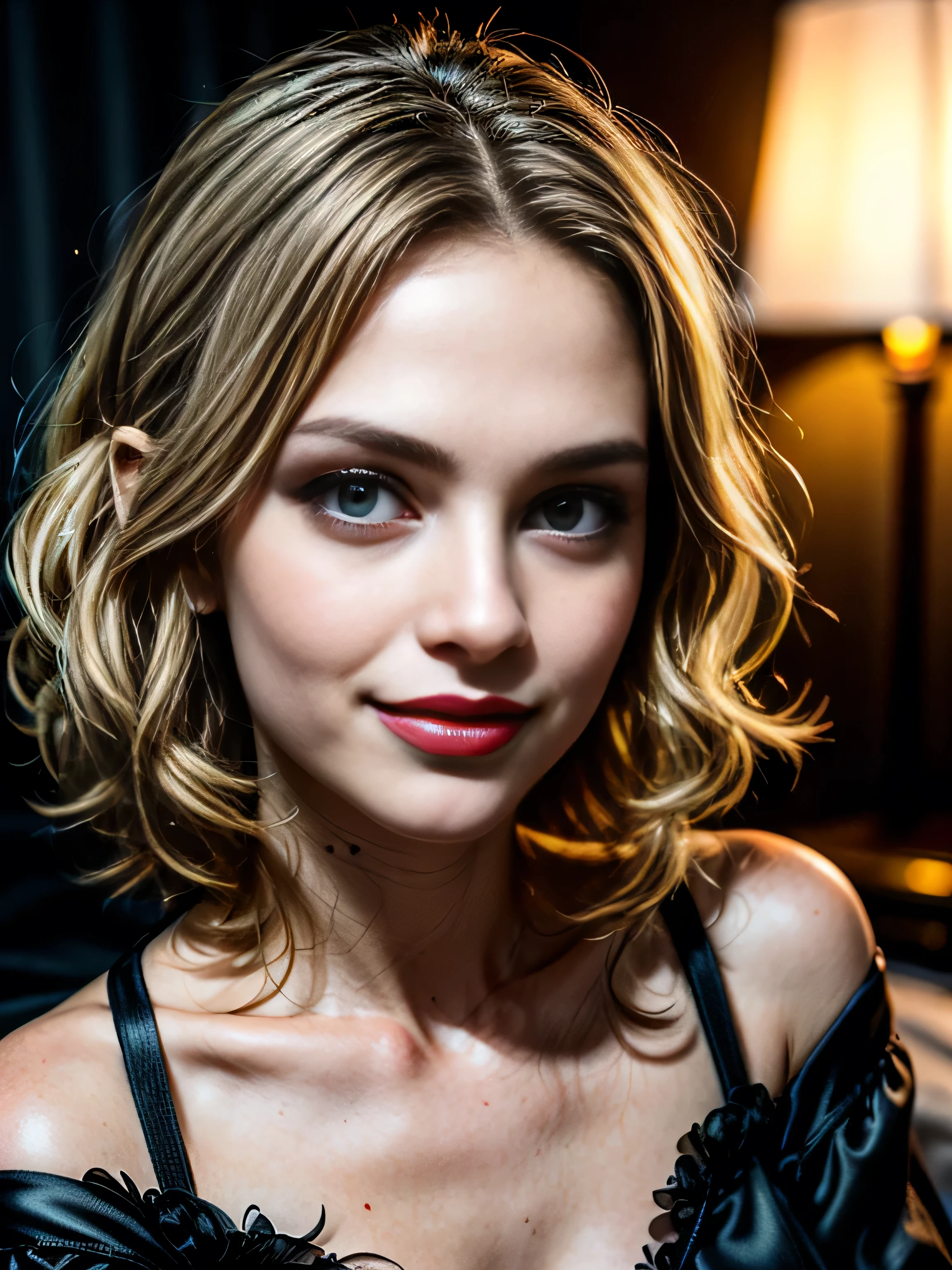 (masterpiece, photorealistic:1.4, extremely intricate:1.3), (photon mapping, radiosity, physically based rendering, ultra resolution, hyper-realistic, photorealistic:1.4, hyper-realistic, 8K), ((((solo, 1girl) teenage supermodel, (mysterious, smirk, bright lipstick)), makeup:1.2)), dark room, dark background, black background, solo, BREAK; BREAK ((((blonde short curly hair, [green eyes:blue eyes:0.8]), [skin detail:freckles:0.7]))), ((fujicolor)), (((([large breasts:medium breasts:0.2], (bedroom, (black silk pajamas, off shoulder, 19 years old girl)), ((portrait, closeup, decolletage))), dark bedsheet, bokeh, sharp focus)))