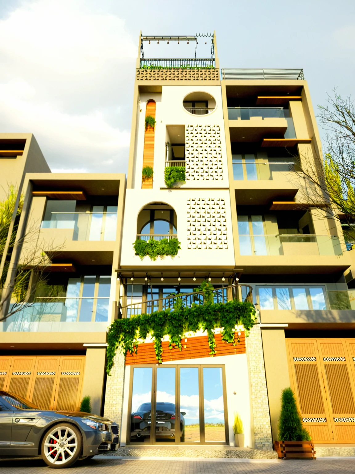 Raw photo,Masterpiece, high quality, best quality, authentic, super detail,
exterior, outdoors, house style modern on the street, glass windows, gate, wooden ceiling,
road,pavement, trees, sky, cloud, (daylight:1.1)