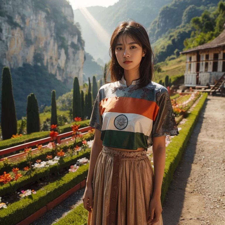 Close-up photo, Southeast Asian women with round faces, long hair,black eyes,abdominal muscles, The body is beautiful and strong., thick hips, Outdoors in the countryside, old shabby thatched hut, There are flowers around the hut., Warm light, The morning sun shines beautifully., (digital painting, HDR, high contrast), 3d, 8K, 45,000,000 pixcls,