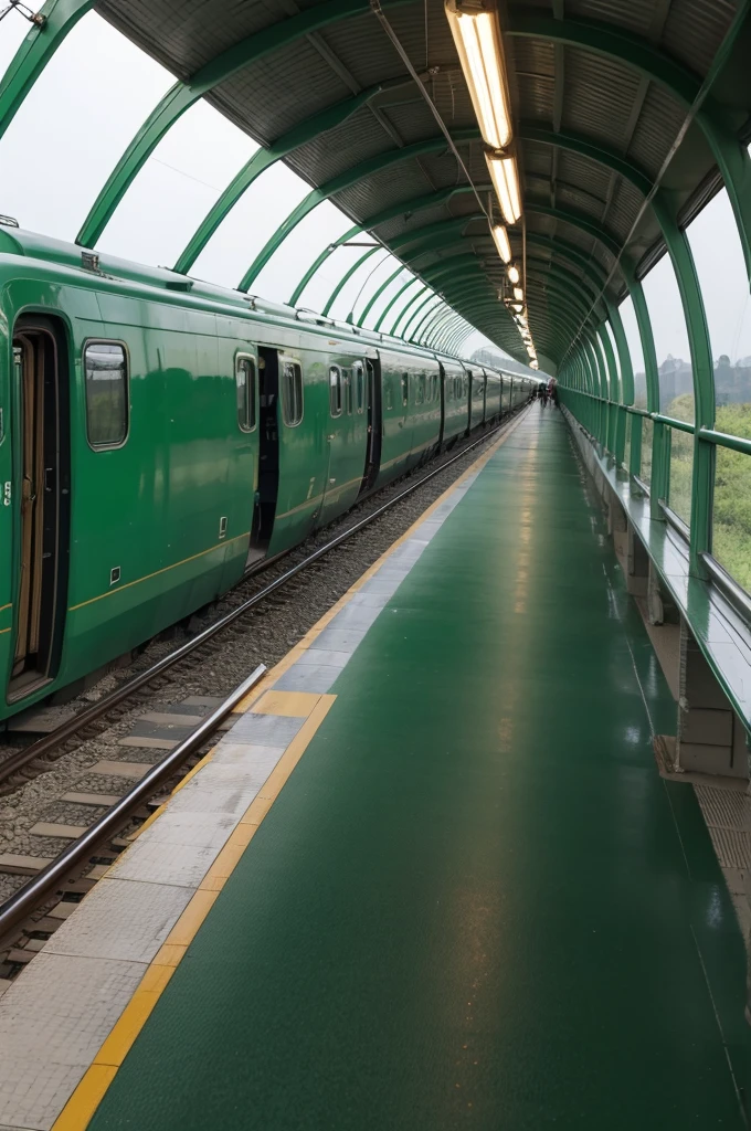 The green train is heading off into the distance,You can see that the whole train is very long