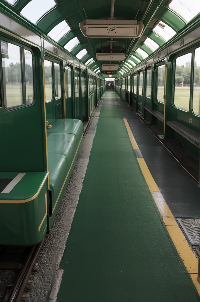 The green train is heading off into the distance,You can see that the whole train is very long