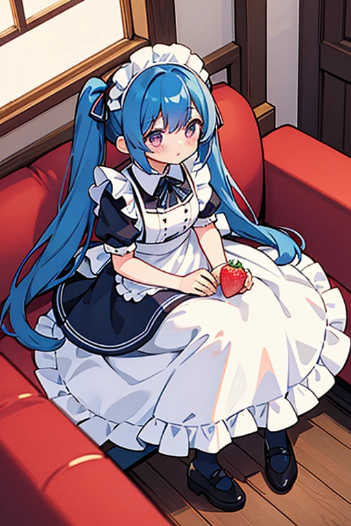 One woman,hair_Rich blue,Twin tails,big tail,apron_strawberry,Classic Maid,long,eye_Magenta,socks_white,pumps_black