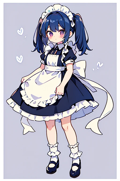 One woman,hair_Rich blue,Twin tails,big tail,apron_strawberry,Classic Maid,long,eye_Magenta,socks_white,pumps_black