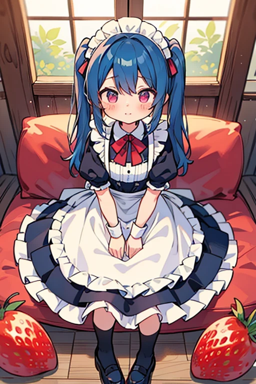 One woman,hair_Rich blue,Twin tails,big tail,apron_strawberry,Classic Maid,long,eye_Magenta,socks_white,pumps_black
