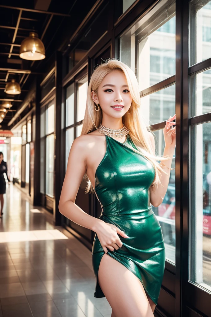 (best quality, 4k ,8k, highres, masterpiece:1.2), ultra-detailed, (realistic, photorealistic, photo-realistic:1.37), closeup, sexy seductive Thai woman, (seductive smile), long lashes, beautiful makeup, platinum blonde hair, fair skin, slender figure, elegant posture, wearing large sparkling colorful jewelery, wearing a business style leather dress, standing in a large shopping mall, gentle sunlight shining through the shopping mall windows, casting a soft glow on her face, adding warmth to the scene, vibrant colors, capturing the essence of vibrant city life, portrait style, showcasing her natural beauty and grace in a feminine way