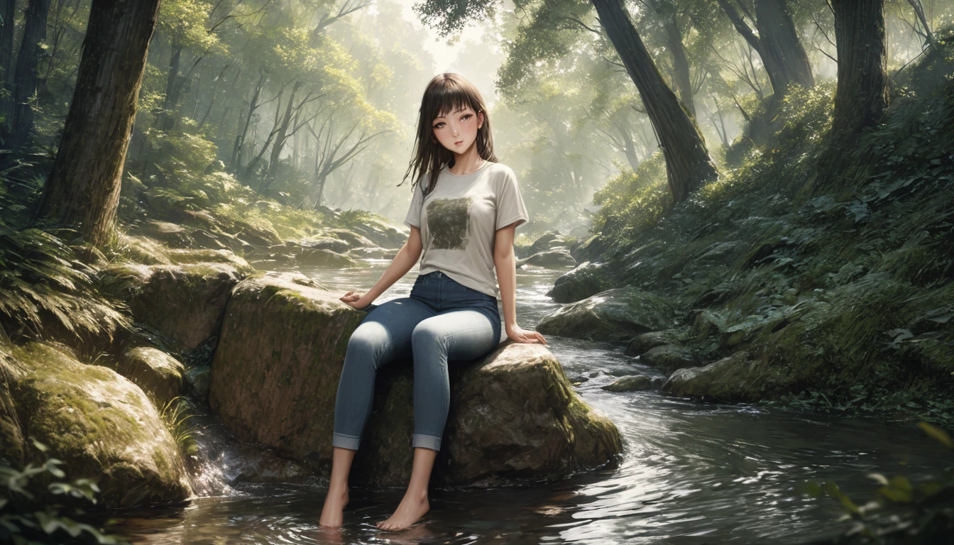 (Highest quality, masterpiece:1.2), Very detailed, Realistic:1.37, 8K, High resolution, Very detailed背景, Silhouette of a girl walking through a stream in a woodland, (Short sleeves and long pants、Jeans on a t-shirt), Forest Trees々々The sunlight shining through, Beautiful girl relaxing barefoot in a stream, Sitting on a rock, Beautiful scenery decorated with earth tones, A Hopeful Outlook, Expressions that evoke tender feelings in the viewer, 、Prioritize the view、Anime Face、(((The woman has a well-proportioned face)))