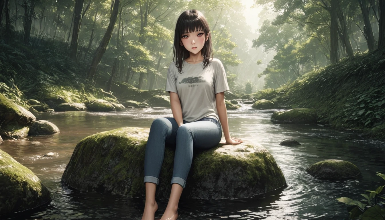 (Highest quality, masterpiece:1.2), Very detailed, Realistic:1.37, 8K, High resolution, Very detailed背景, Silhouette of a girl walking through a stream in a woodland, (Short sleeves and long pants、Jeans on a t-shirt), Forest Trees々々The sunlight shining through, Beautiful girl relaxing barefoot in a stream, Sitting on a rock, Beautiful scenery decorated with earth tones, A Hopeful Outlook, Expressions that evoke tender feelings in the viewer, 、Prioritize the view、Anime Face、(((The woman has a well-proportioned face)))