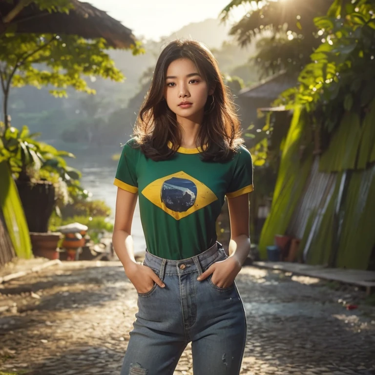 Close-up photo, Southeast Asian women with round faces, long hair,black eyes,abdominal muscles, The body is beautiful and strong., thick hips, Outdoors in the countryside, old shabby thatched hut, There are flowers around the hut., Warm light, The morning sun shines beautifully., (digital painting, HDR, high contrast), 3d, 8K, 45,000,000 pixcls,