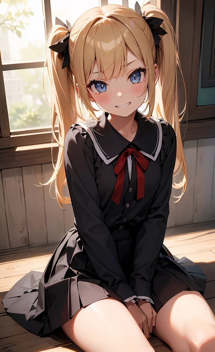 One girl,
(Flat Chest:1.3),(shirtのボタンを開ける:1.2)
Blonde, {{{Half Twin Tail:1.3}}}、break,blush, bow, 赤いbow, Long sleeve, shirt, 襟付きのshirt, skirt, プリーツskirt, 黒いskirt, Small breasts,
{{{Face close-up}}},Upper Body,
Look down,View your viewers,
Tabletop, Highest quality, , Absurd, Perfect Skin, Detailed skin texture, Ultra-detailed, 8K, Intricate details, Beautifully detailed face,High resolution,
 {{{Shadowed face}}}, mock, {{{Grit your teeth:1.2}}}, Grin, smile, Looking down at the viewer, masterpiece,Absurd, Beautiful detailed face when viewed from the front,