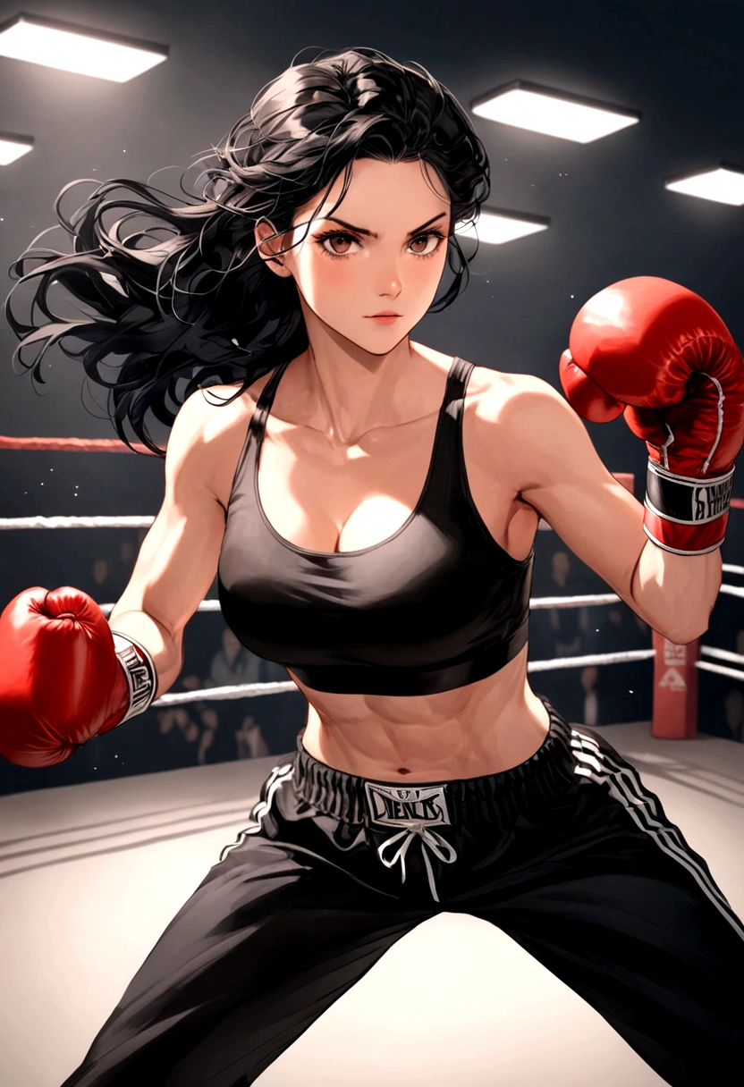 Woman boxer, long black hair, handsome face, boxing gloves, sports bra, toned, punching, long black pants, looking at viewer