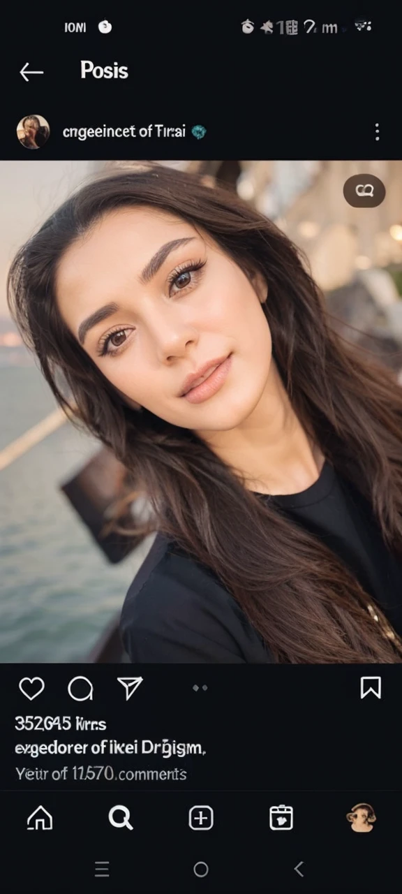 Create a realistic portrait of Özge Törer. She has long, dark hair, expressive brown eyes, and a warm smile. Style her in a traditional Turkish outfit with intricate embroidery. The background should be a scenic view of the Bosphorus at sunset, with warm golden hues reflecting off the water. The image should be photorealistic, detailed, and capture the essence of Turkish culture."
