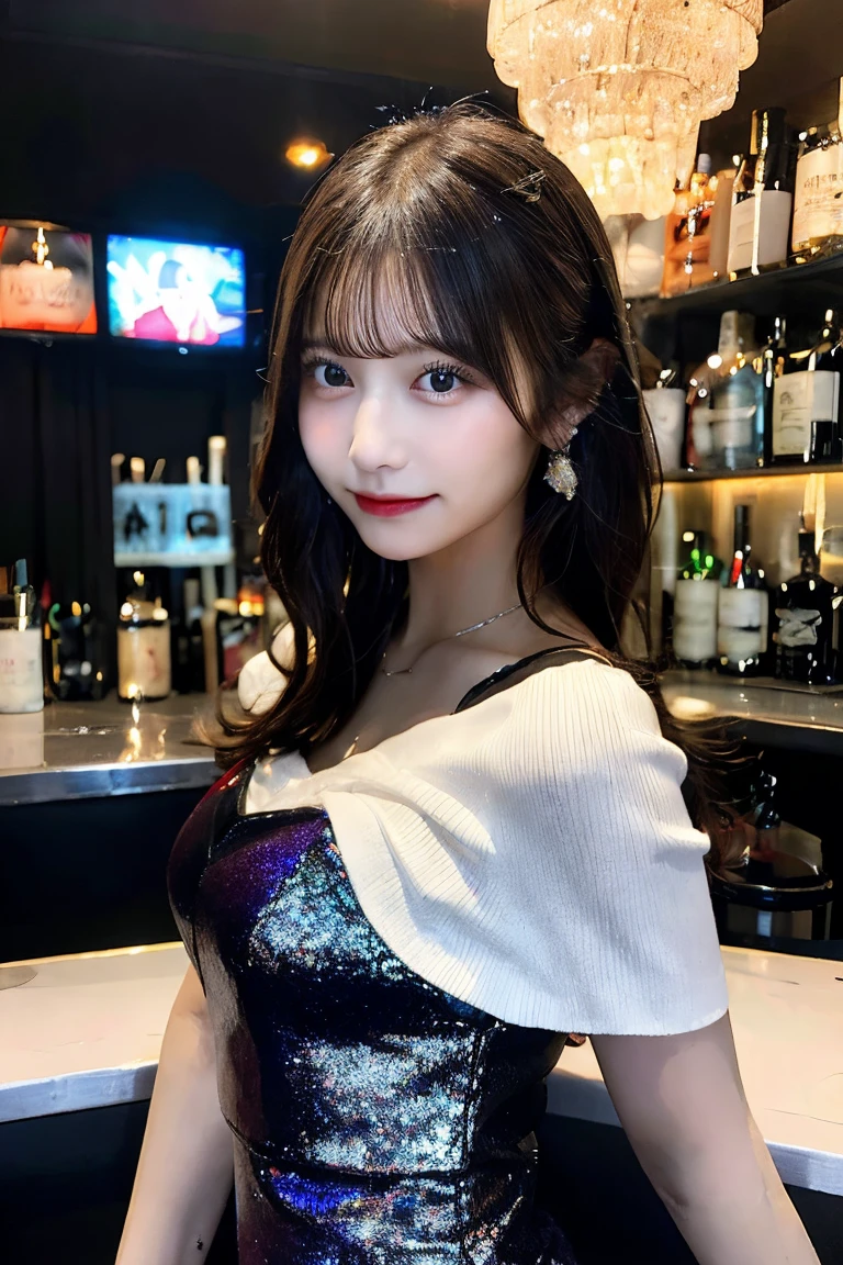 A young Japanese idol in a night club, wearing a tight, glittery dress. She is standing by the bar with a cocktail in her hand, looking seductively at the camera. The background features colorful lights and a lively atmosphere. Highly detailed, realistic, vibrant, and alluring nightclub scene.