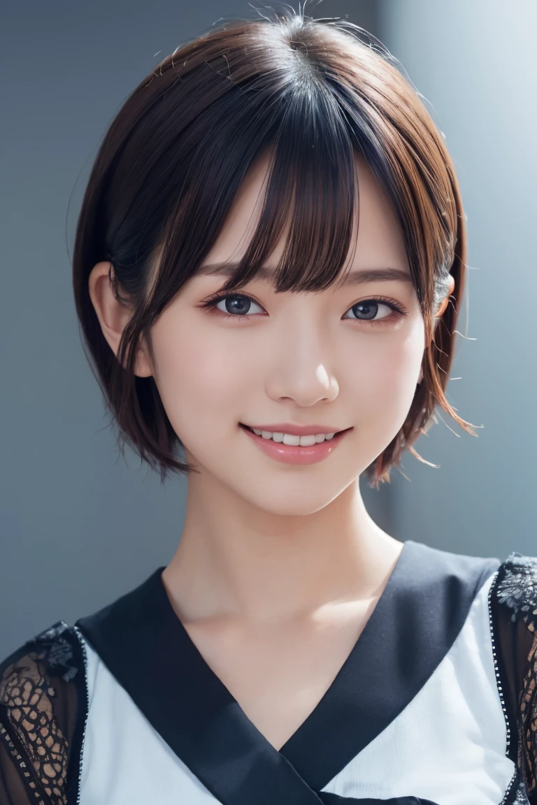 1 Girl, (Wearing colorful stage costumes:1.2), Very beautiful Japanese idol portraits, Face close-up, (RAW Photos, Highest quality), (Realistic, Realistic:1.4), (masterpiece), Very delicate and beautiful, Very detailed, 2k wallpaper, wonderful, finely, Very detailed CG Unity 8K wallpaper, Very detailed, High resolution, Soft Light, Beautiful detailed girl, Very detailed目と顔, Beautiful and sophisticated nose, Beautiful and beautiful eyes, Cinema Lighting, (Simple light color background:1.3), (short hair), (Bob), Complete Anatomy, Slender body, Small breasts, smile