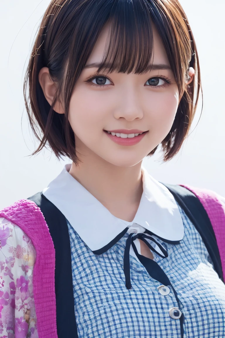 1 Girl, (Wearing colorful stage costumes:1.2), Very beautiful Japanese idol portraits, Face close-up, (RAW Photos, Highest quality), (Realistic, Realistic:1.4), (masterpiece), Very delicate and beautiful, Very detailed, 2k wallpaper, wonderful, finely, Very detailed CG Unity 8K wallpaper, Very detailed, High resolution, Soft Light, Beautiful detailed girl, Very detailed目と顔, Beautiful and sophisticated nose, Beautiful and beautiful eyes, Cinema Lighting, (Simple light color background:1.3), (short hair), (Bob), Complete Anatomy, Slender body, Small breasts, smile
