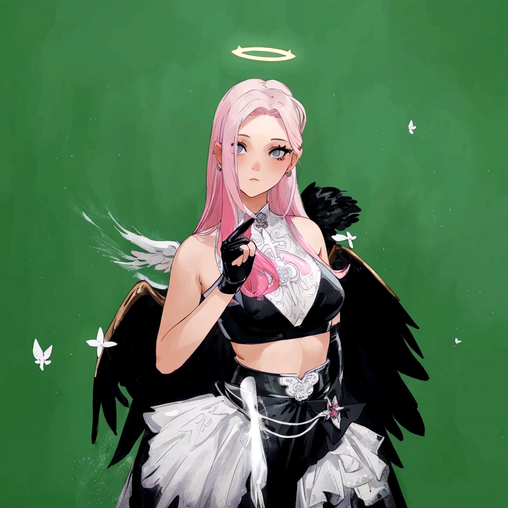 there is a woman with pink hair and angel wings posing, wearing angel halo, young wan angel, full - body majestic angel, wearing angel, villainess has black angel wings, angelic halo, angel halo, angel knight girl, as a mystical valkyrie, of an beautiful angel girl, kda, epic angel wings, npc with a saint's halo, angel knight gothic girl
