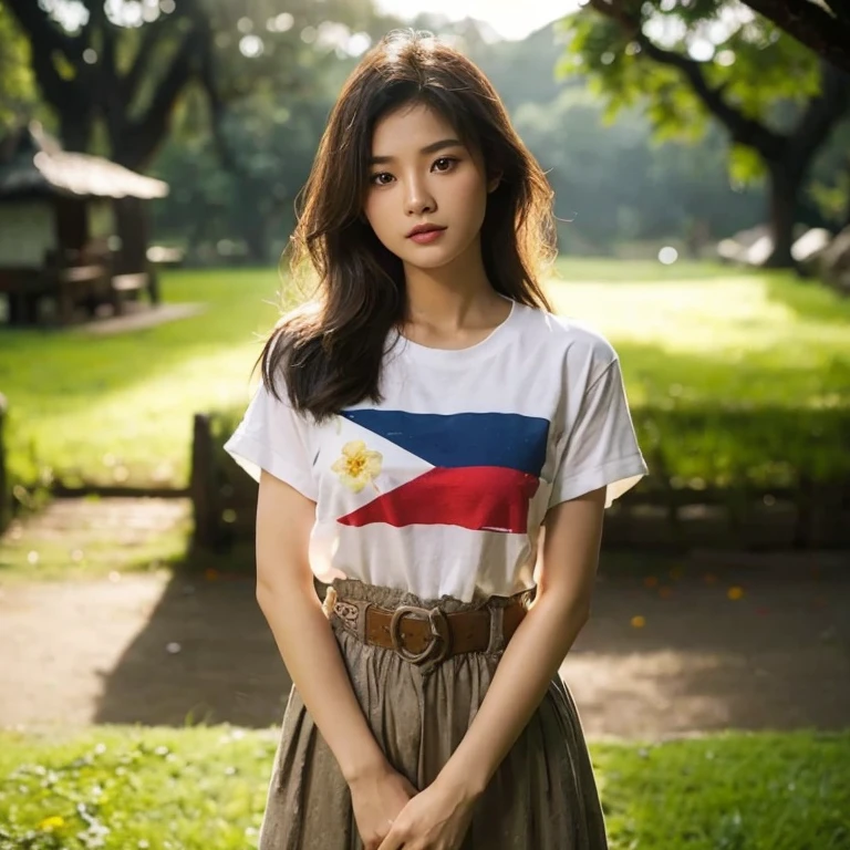 Close-up photo, Southeast Asian women with round faces, long hair,black eyes,abdominal muscles, The body is beautiful and strong., thick hips, Outdoors in the countryside, old shabby thatched hut, There are flowers around the hut., Warm light, The morning sun shines beautifully., (digital painting, HDR, high contrast), 3d, 8K, 45,000,000 pixcls,