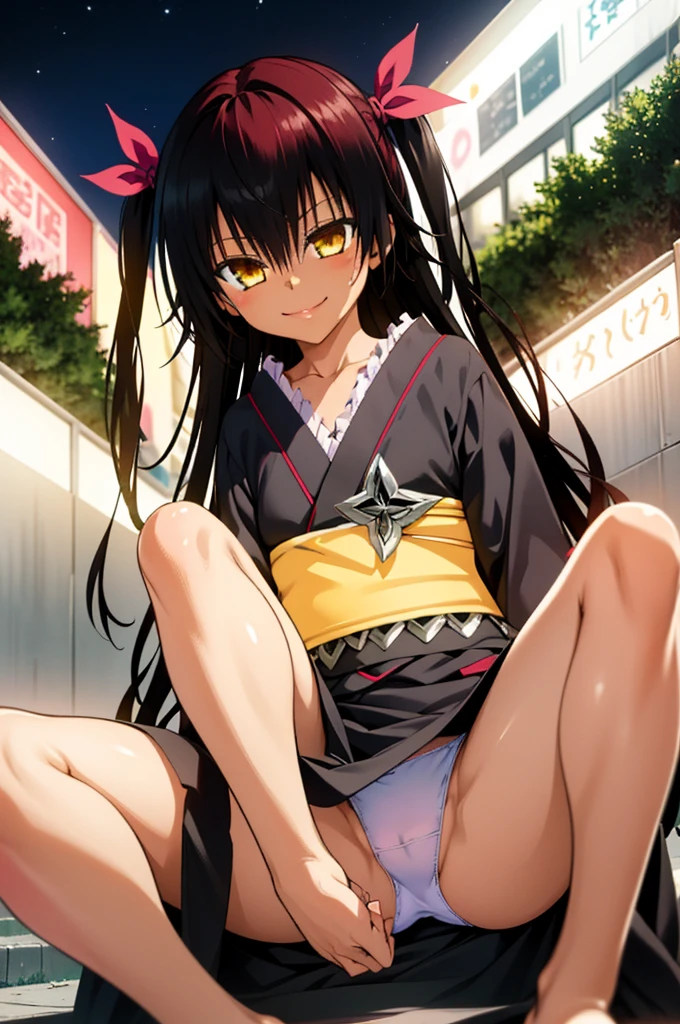 , 1girl, aster nemesis, dark-skinned female, black hair, very long hair, yellow eyes, flat chest	kimono, obi, ribbon, twin tails, looking at viewer, outdoors, city, night, smile, ,sitting on ground,open legs,spread legs,flat chest,nsfw,cotton panties,8yo,navel
