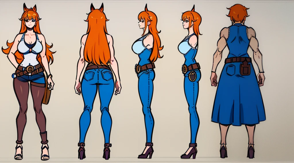 ((Best Quality)), ((Masterpiece)), (((detailed character sheet, frontal view, side view, three quarter view))) white background、one piece、US、whole body、whole bodyイラスト、whole bodyアニメーション、whole bodyリファレンスシート、denim、Tank top、High heels、Swimwear、bikini、original、New World、Long Hair、Orange Hair、Tattoo on left arm、Ring belt、Heighten your head、smile、Cute face、Narrow waist、Long legs、Beautiful feet、9 heads body