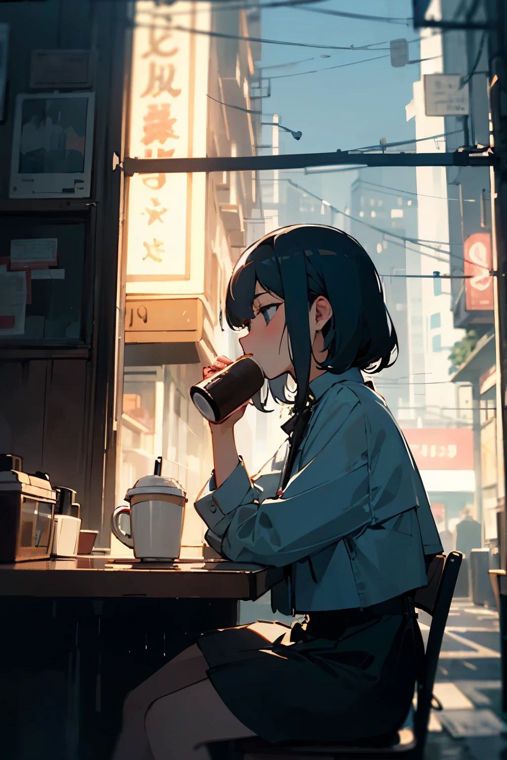 Lo-Fi Girl drinking coffee in café Slow Tempo Rainy Town window Neon Town