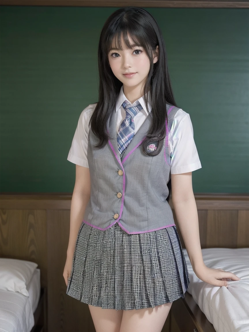 Browsing Caution、8K,Highest quality, masterpiece, Very detailed, Ultra-high resolution, Realistic, RAW Photos, , Absolute Resolution, Complete limbs、Complete Anatomy、Perfect beautiful skin、pretty girl1人,pretty girl 、、(smile:1.2)、Lolita Girl、(school uniform:1.3)、(Short sleeve white collar shirt:1.1)、 、、Micro Mini Skirt、、Accentuate your thighs、pretty girl、 , Realistic young gravure idol, Japanese Girls、、alone、(bedroom:1.2)、