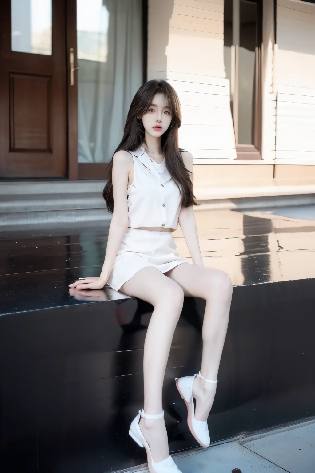 Beautiful woman with perfect body:1.4,Layered Hairstyle,Highly detailed face and skin textures,Double eyelids,Skin Whitening,Long hair,Whitened long legs,full-body shot