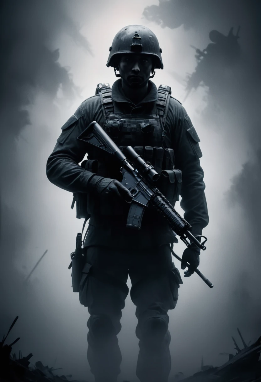 High Quality illustration,ultra detailed, Beautiful picture of A painting of a Soldier Weapons in your hands, Silhouette, Fog, cinematic shot, haze lighting, 16k, uhd, blurry masterpiece,cinematic, epic, monochrome