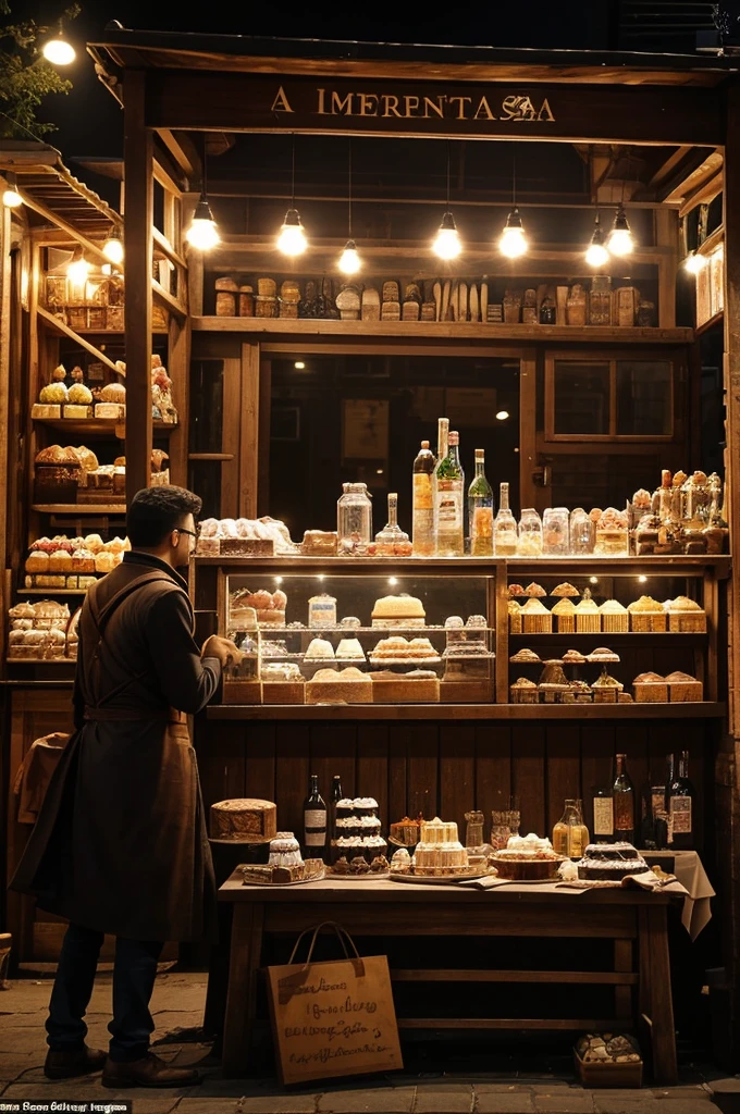A merchant was standing behind his stall selling various types of cakes. On the stall's table were also several closed boxes and a bottle of drink. Depict the situation from a close-up with an emphasis on action, space, form, interweaving and lighting, in fine arts with pencil.