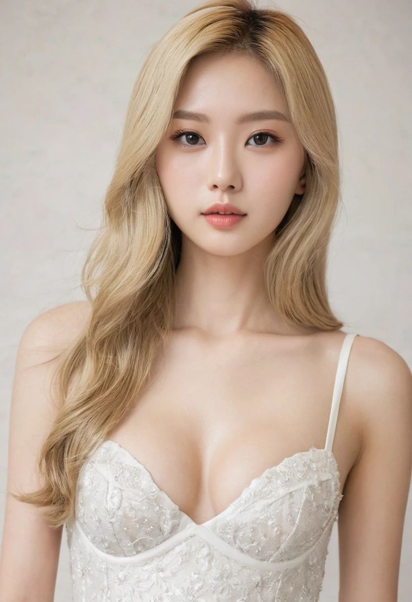 (((European Caucasian Woman)))、(((Mary, 18 years old)))、one person、(Thin contours、grey Eye)、(Thin contours)、(Big Breasts:1.5)、Narrow waist、(((White and translucent skin:1.3)))、Beautiful, shiny blonde medium-long hair、8-head-tall model style、Waist-down angle、Tokyo city、Full body focus