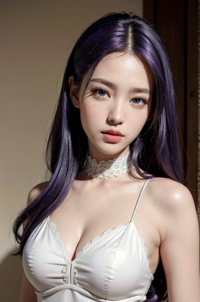 best quality,masterpiece,extremely detailed,high res,4k,ultra high res,detailed shadow,ultra realistic,realistic,dramatic lighting,1girl,solo,detailed face,realistic eyes,realistic skin,white dress,purple hair,dynamic pose, white lace dress