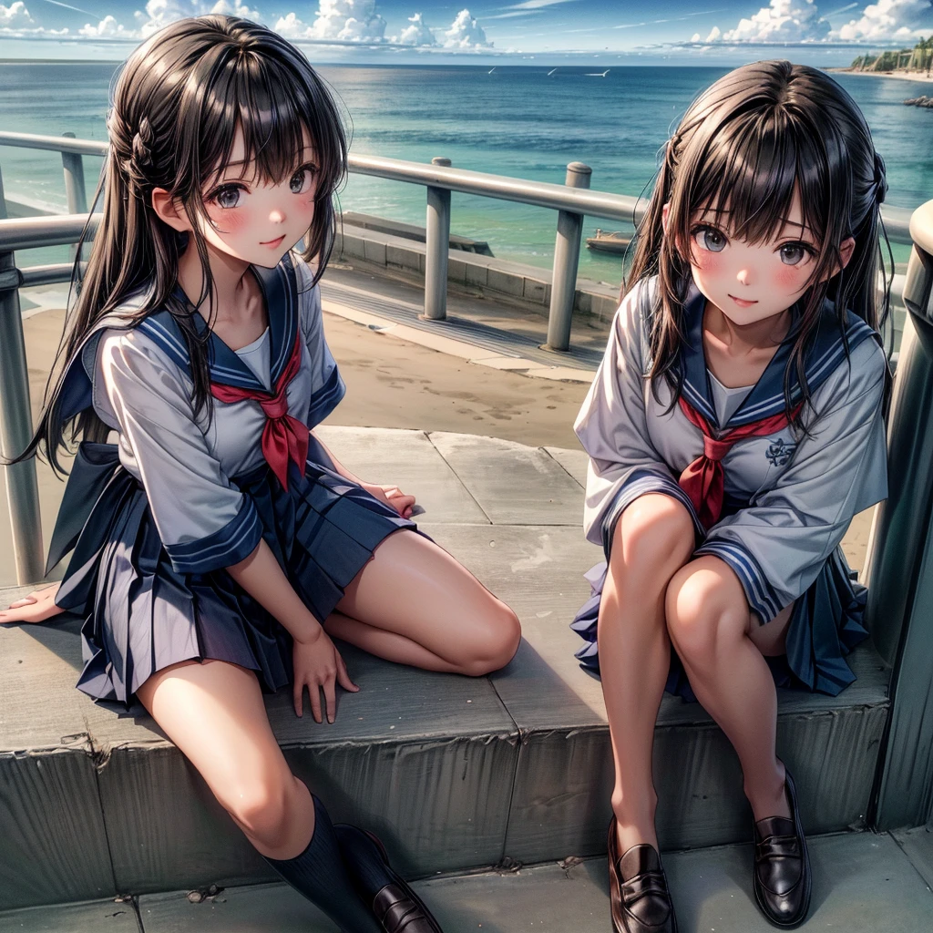 ((最high quality, 8K, masterpiece: 1.3, Ultra HD, high quality, 最high quality, High resolution, realism)) 、Very beautiful 18 year old Japanese schoolgirl、I'm wearing a sailor suit、Wearing a navy blue pleated skirt、Wear loafers、Hair  is light brown、black eye、Medium Hair、Straight hair、smile、sit on a high breakwater on the beach、The blue sky is beautiful、There is a road in front of the breakwater..、The sea is beautiful、Beautiful horizon、 An island is visible offshore、Entering the clouds above the horizon、Island Lighthouse